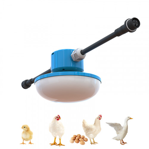 BU140C poultry house LED bulb with DC48V daisy-chain connectors, shown for broiler, layer, breeder, and duck houses